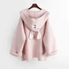 Women Hooded Cardigan Sweater Cartoon Applique Loose Medium-long Knitwear Coat Autumn Winter Knit Open Stitch 210422