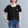 140kgプラスサイズの女性の夏の緩いラウンドネック半袖フリルTシャツBust 140cm 5xl 6xl 7xl 8xlボタンバタフライ