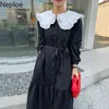 Neploe coréen Chic Maxi robes femmes tempérament col claudine volants Vestidos simple boutonnage lâche à lacets robe élégante 210422