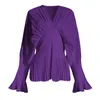 Spring Pleated Waist V-neck Printed Shirt Ins Design Sense Horn Sleeve Long Top Female Plus Size Purple Blusas 210510