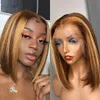 Highlight Human Hair Short Wig Brazilian for Black Women 4X4 Straight Closure Remy Pre Plucked T Part Lace Closure Bob Wigs