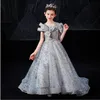 2021 Prenses Çiçek Kız Elbise Düğün Gri Dantel Pullu Lüks İlk Communion Abiye Bebek Parti Pageant Abiye Uzun Vestidos