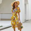 Deenor Vintage Maxi Drwomen夏半袖VネックハイウエストDrfloralプリントBOHOビーチイブニングパーティーロングドレスx0621