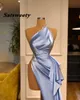 Sky Blue One Ramię Prom Dresses Sexy Open Side Beaded Satin Suknie wieczorowe Backless Sweep Party Dress Robe de Soiree