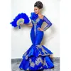 Luxury Royal Blue African Evening Dresses Mermaid Plus Storlek Långärmade Appliques Aso Ebi Prom Party Klänning Sparkly Sequins Appliques Special Occasion Grows 2021