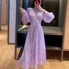 Сладкое фиолетовое фея винтажное платье французская весна элегантные кружева высокая талия повседневная стройное MIDI платье женское 210518