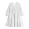 White Midi Dress Women Summer High Waist Lace-Up Vintage Lace Spliced Fairy Dresses Female Korean V Neck Mori Girl Loose Frocks 210515