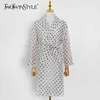Polka Dot Trench For Women Lapel Long Sleeve Hit Color Loose Lace Up A Line Coats Female Spring Clothing 210524