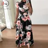 Femmes Summer Maxi Robe Casual Manches courtes Boho Floral Imprimer Robe longue Col roulé Bandage Robes de soirée élégantes Robes 210806