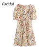 Foridol Floral Print Boho Summer Dress Women Puff Sleeve Vintage Beach Short Dress Button Up Ruched Cute Dress 210415