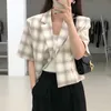 Korejpaa Women Jackets Summer French Temperament All-Match Lapel One Button Loose Thin Short-Sleeved Plaid Suit Jacket 210526