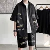 Hybskr zomer big size casual mannen chique pak Koreaanse stijl baggy korte mouw shirts losse rechte hip hop shorts mannelijke 210806