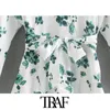 TRAF Femmes Chic Mode Floral Imprimer Bow Tie Ceintures Mini Robe Vintage Manches Longues Fermeture À Glissière Latérale Robes Femelles Mujer 210415