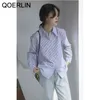 Qoerlin Blue Bertical Striped Shirt Memale Lengeve Shirt Top Workwear Plusサイズのブラウスオフィスレディースフォーマル210412