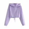 Women Solid Hoodies Sweatshirts Casual Fashion Cropped Drawstring Hooded Top Loose Vintage Female Pullover Chic Oversize 210521