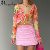 Missakso tryck ruffles Bandage Crop Top Holiday Beach Y2K Spring Summer Women Sexy V Neck Long Sleeve T Shirts 210625