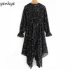 Women Star Print Vintage Black Long Dress Lace Up O Neck Sleeve Elastic Waist Slim Hem Asymmetric DJF6970 210514