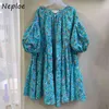 Korean Print Vintage Dress Women High Waist Hip A Line Knee Length Vestidos O Neck Lantern Short Sleeve Robe Loose Summer 210422