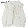 Yitimuceng поклон кружева блузка женские рубашки свободные твердые белые весной V-образным вырезом отдельные погружные французские мода одежда вершины 210601