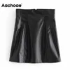Aachoae solide jupe en cuir Pu été fermeture éclair mouche élégant une ligne dame tenue de bureau Mini femmes Mujer Faldas 210621