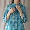 Johnature Kobiety Ramie Sukienka Wiosna Stojak Drukuj Kwiatowe szaty Chiński Styl Kobiety Tkaniny Vintage Cheongsam Blue Dress 210521