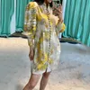 Women Yellow Ink Printing Single Breasted Dress Stand Collar Long Sleeve Loose Fit Fashion Tide Spring 7D00723 210421