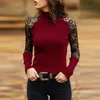 Women's T-shirts Fashion Sexy Lace Floral Splicing O-Neck T-Shirt Tops Spring Autumn Casual Ladies Black Long Sleeve T Shirt 210522