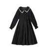 LY VAREY LIN primavera otoño mujer Peter Pan Collar vestido encaje manga acampanada cintura abajo vendaje Delgado pana 210526