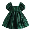 Vintage Verde Satin Mini Dress Mulheres Senhoras Sleeve Senhoras Princesa Partido Fluffy Quadrado Collar Elegante Fêmea Francesa 210515