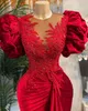 2021 Plus Size Arabic Aso Ebi Red Mermaid Lace Prom Dresses Beaded Sheer Neck Velvet Evening Formal Party Second Reception Gowns Dress ZJ446