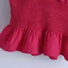 Mode La Taille Élastique Rouge Blouses Femmes Vintage Noeud Papillon Col Sans Manches Femme Chemises Chic Tops 210430