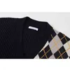 Vintage geometryczny rombowy sweter Sweter damski jesień ciepły z długim rękawem odzieży elegancka V-Neck Chic Patchwork Knit Tops 211103