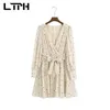 French vintage Print chiffon dress women sexy V-Neck long sleeve sashes slim Elegant A-Line dresses Spring Autumn 210427