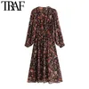 Trafik Kvinnor Chic Fashion Floral Print Pläterad Midi Dress Vintage Puff Sleeve med Foder Kvinnliga Klänningar Vestidos Mujer 210415