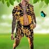 Hawaii beach flower Tracksuits shirt blouse Two-Piece men's loose plus size short pant and blouses mixed black gold color printing suit
