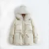 Kadınlar 90% Beyaz Ördek Aşağı Ceket Kış Büyük Doğal Rakun Kürk Kapüşonlu Ceket Kalın Parka Kanat Kravat Kar Dış Giyim 210430