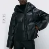 Vinterjacka Kvinnor Parka Vintage Black Leather s Coats Streetwear Kvinna Puffer Korean Hooded Coat 211013