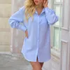 Blouses pour femmes Chemises Bleu clair Plaid Turn-down Col Femmes Longue Chemise Solide Oversize Poches Femme 2022 Printemps Mode Casual Dames