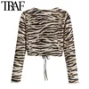 TRAF Women Fashion With Drawstring Animal Print Cropped Blouses Vintage V Neck Long Sleeve Female Shirts Chic Tops 210415