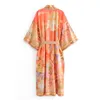 Bohemia Orange Mermaid Flower Crane Print Long Kimono Shirt Ethnic Lacing up Sashes Holiday Cardigan Loose Blouse Tops 210429
