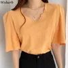 T-shirt élégant femmes col en V manches bouffantes tempérament t-shirts couleur unie bureau dame chemises coréen coton lin hauts 210519