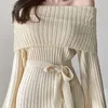 Kimutomo Elegante Frauen Gestrickte Kleid Mode Frühling Herbst Damen Slash Neck Hohe Taille Spitze Up Schlank Solide Mini Vestidos 210521