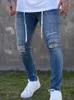 Hommes couleur unie mode jean serré Sexy décontracté trou déchiré conception Streetwear broder crayon pantalon hommes cheville fermeture éclair Slim jean X0621