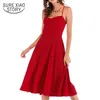 Kleid Mode elegante Sommer rote Kleider Schleife ärmellos solide A-Linie sexy Damen Frauen lässig Mitte der Wade 3334 50 210510