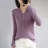 Baresskiy Kvinnors Tops Pure Color Slim Korean Cotton Sweater V-Neck Kort Stretch Pullover Base Tröja Dam Jacka 210806