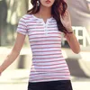 Summer Women Tee Shirt Fashion V Neck Button Decor Short Sleeve Casual Slim Stripe T-Shirt Ladies Plus Size Cotton Pullover Tops 210522