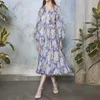Sıradan Elbiseler Bahar Sonbahar Vintage Mor Çiçek Kadınlar İçin Baskılı 2021 Pist Zarif Ruffles V Yaka Uzun Kollu Şifon Elbise