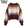 TRAF Women Mode Oversized Gestreepte Gebreide Sweater Vintage O Neck Lantern Sleeve Vrouw Pullovers Chic Tops 210415