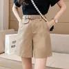 Frühling Sommer Weibliche Breite Bein Einfarbig Lose Beige Midi Shorts Casual Frauen Gerade Damen Schwarz mit Gürtel 210430