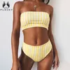 PLAVKY Retro Sexy Yellow Striped Strapless Bandeau Biquini Cut High Waist Swim Bathing Suit Swimsuit Swimwear Women Bikini 210629